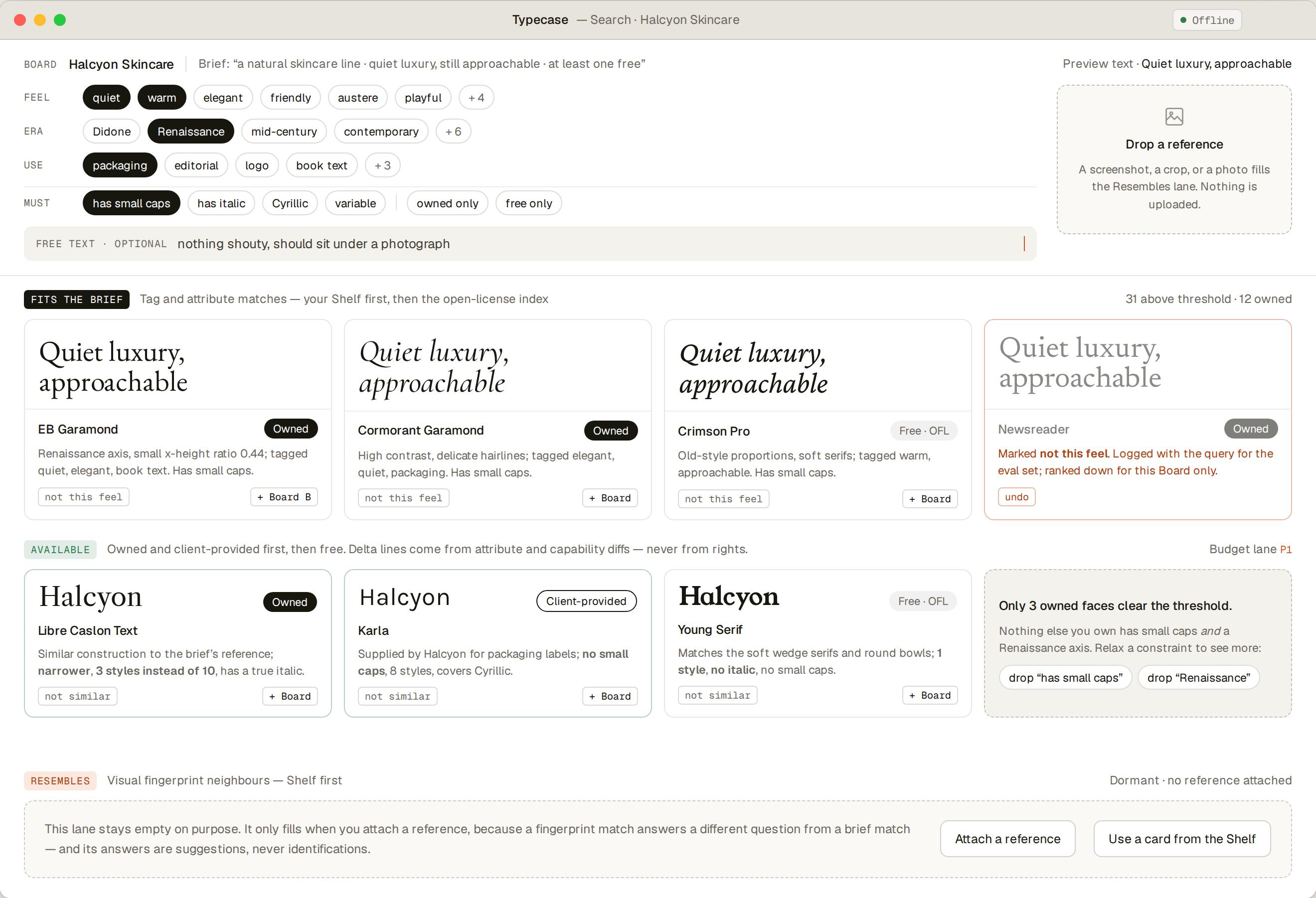 Typecase search showing three labelled lanes: Fits the brief, Available, and a dormant Resembles lane awaiting a reference image.