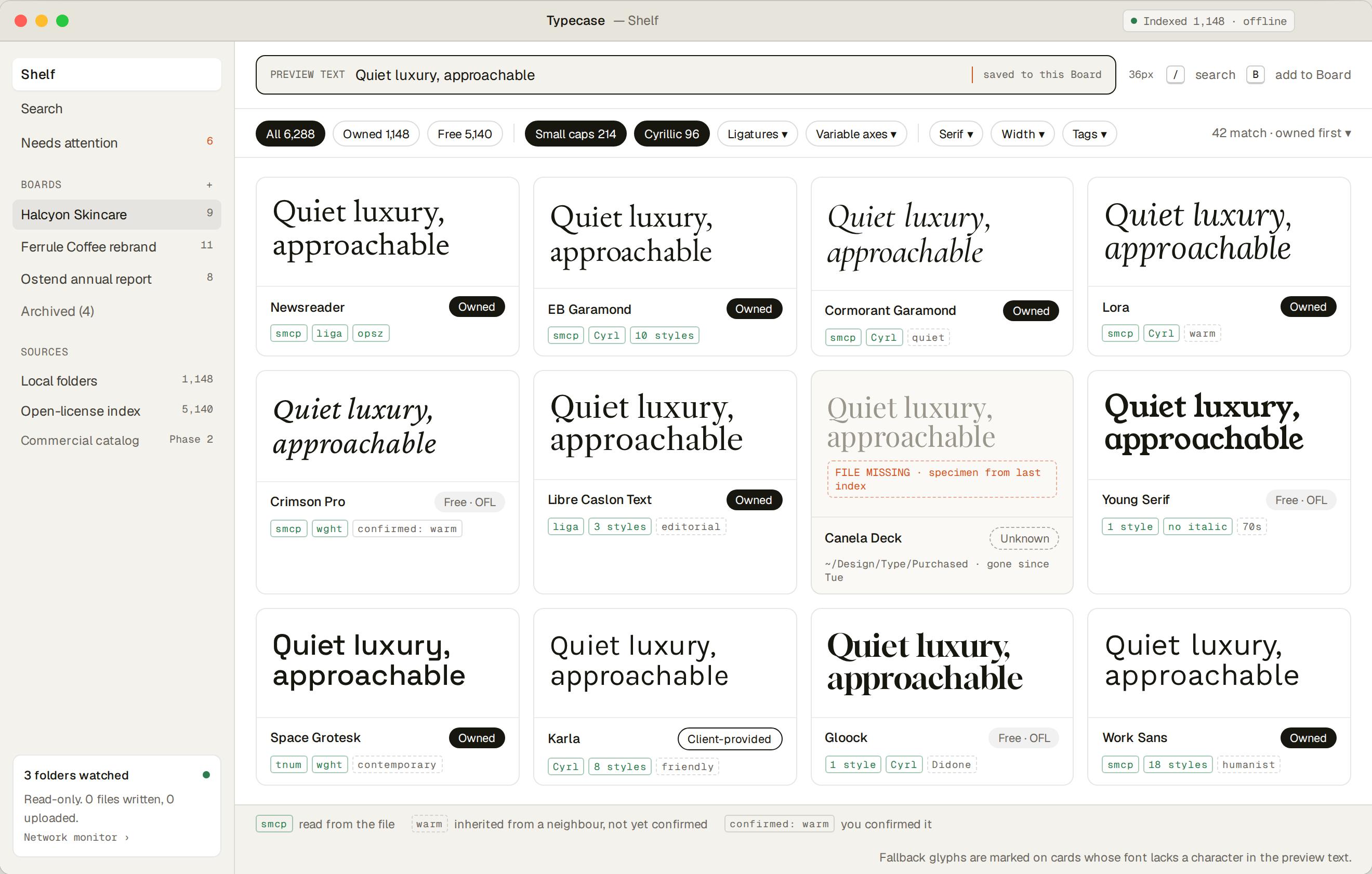 The Typecase Shelf: a grid of font cards all rendering the phrase "Quiet luxury, approachable", with capability filters for small caps and Cyrillic across the top.
